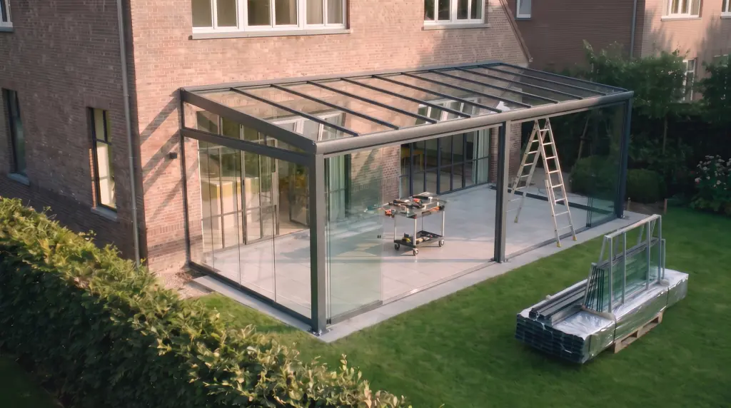 Glazen schuifwanden worden geplaatst