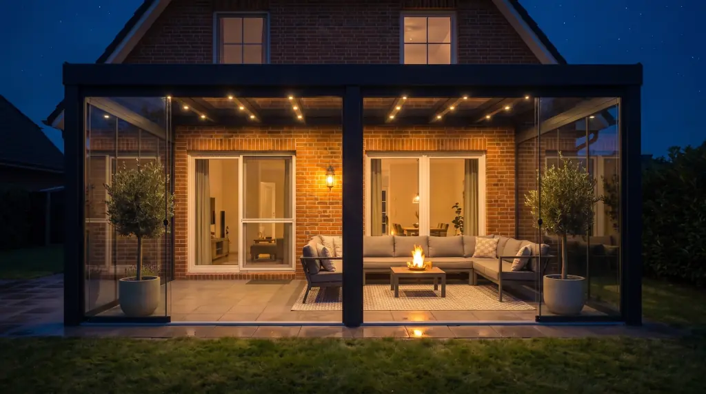 Verlichte veranda in de nacht