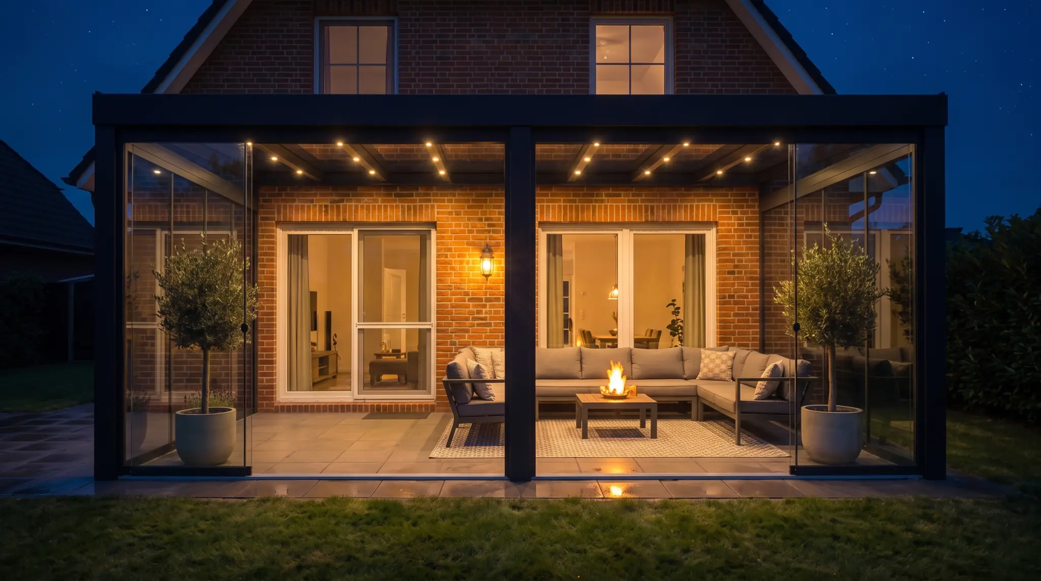 Verlichte glazen veranda als warme buitenkamer in de nacht