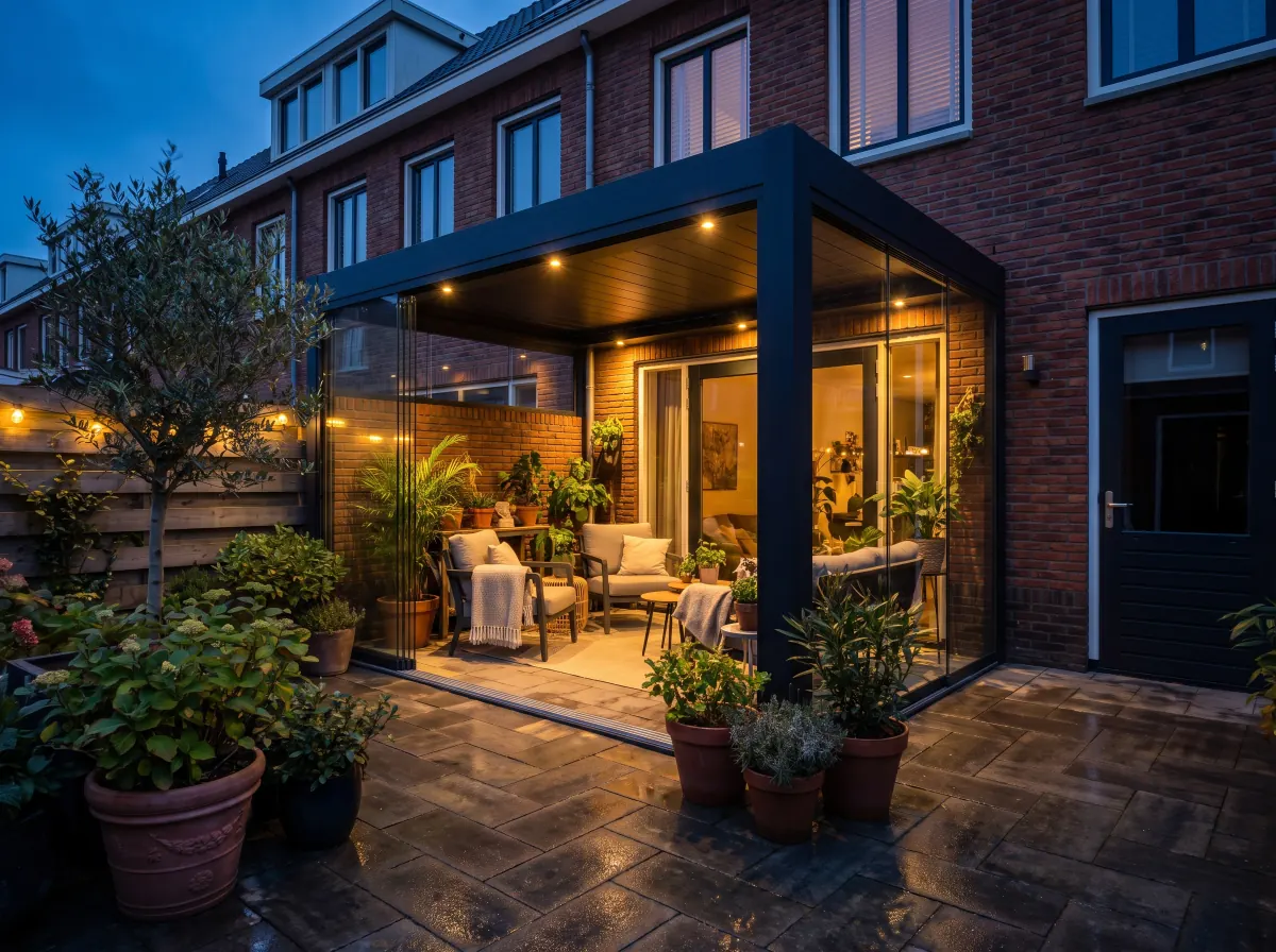 Compacte veranda met schuifwanden in stadstuin